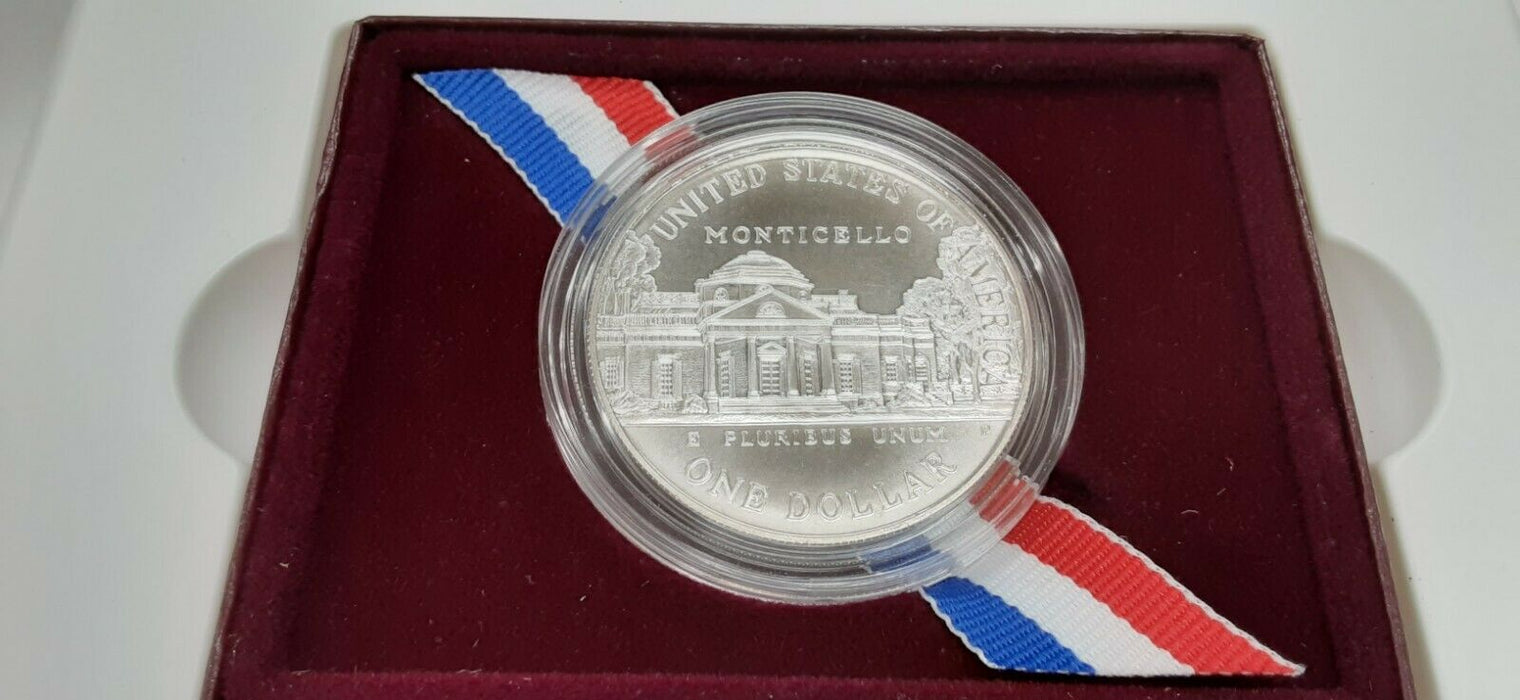 1993-P Jefferson 250th Anniversary Commemorative UNC Silver Dollar Coin W/OGP