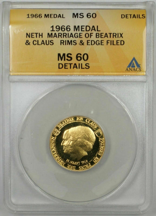 1966 Netherlands Marriage Of Beatrix & Claus Gold Medal ANACS MS-60 Details