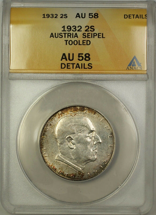 1932 Austria Seipel 2S Two Schilling Silver Coin ANACS AU-58 Details Tooled