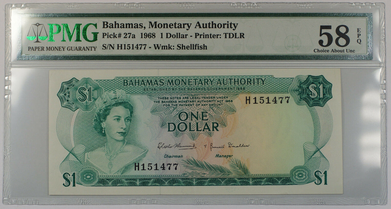 1968 Bahamas Monetary Authority 1 Dollar Note Pick#27a PMG 58 Choice Abt UNC EPQ