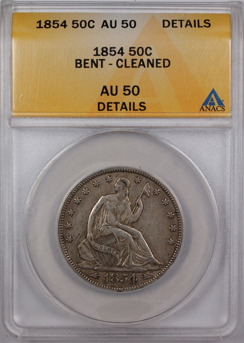 1854 Seated Liberty Silver Half Dollar, ANACS AU-50 Details, Bent Cleaned Coin