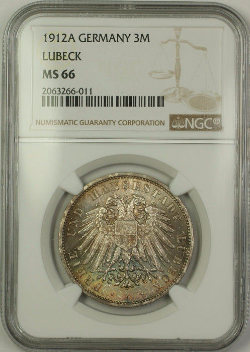 1912A Germany Lubeck 3M Three Marks Silver Coin NGC MS-66 Toned GEM BU