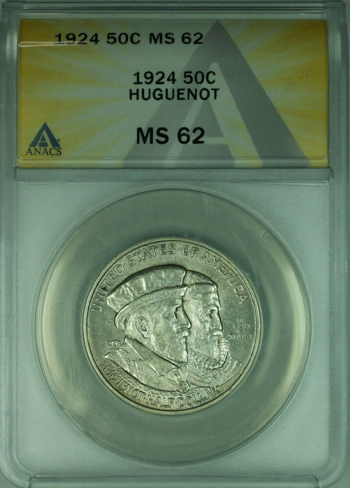 1924 Huguenot Commemorative Silver Half Dollar 50c Coin ANACS MS-62 (39A)