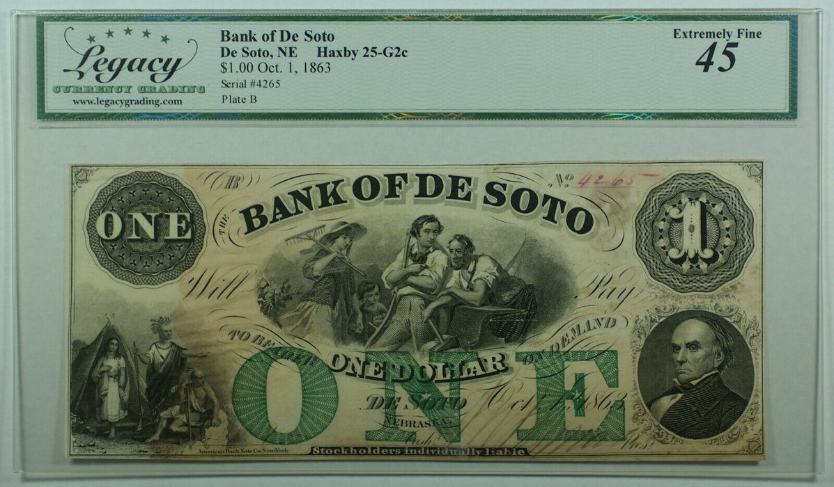 1863 $1 One Dollar Bank of De Soto NE Haxby 25-G2c Currency Note Legacy XF-45