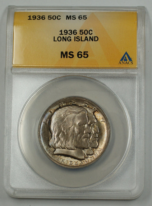 1936 Long Island Silver Half Dollar Commemorative Coin ANACS MS 65 Gem Unc Toned