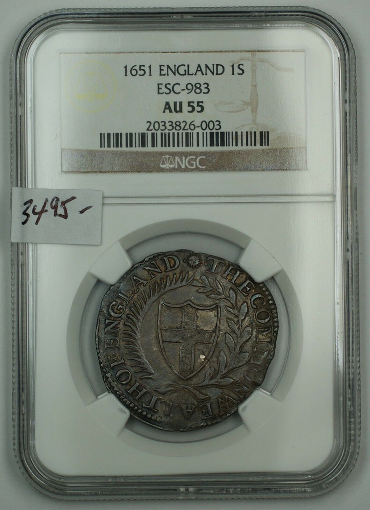1651 England 1 Shilling Silver Coin ESC-983 NGC AU-55 Almost