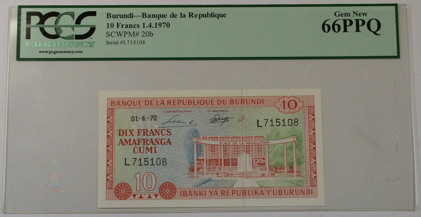 1970 Burundi Bank de la Republique 10 Francs Note SCWPM# 20b PCGS 66 PPQ Gem New