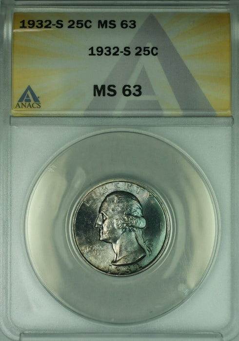 1932-S Washington Silver Quarter 25c Coin ANACS MS-63 Toned Obverse  (44)