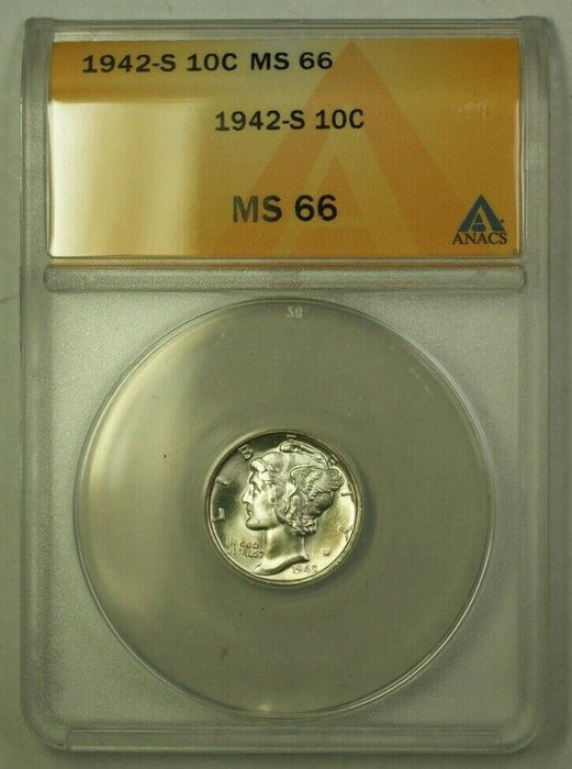 1942-S Silver Mercury Dime 10c ANACS MS-66 *Nearly Full Bands* (B) (WW)