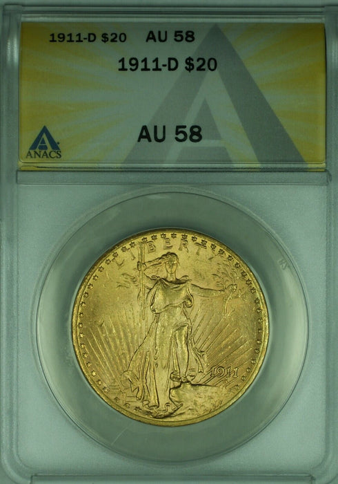 1911-D St. Gaudens $20 Double Eagle Gold Coin ANACS AU-58  (B)