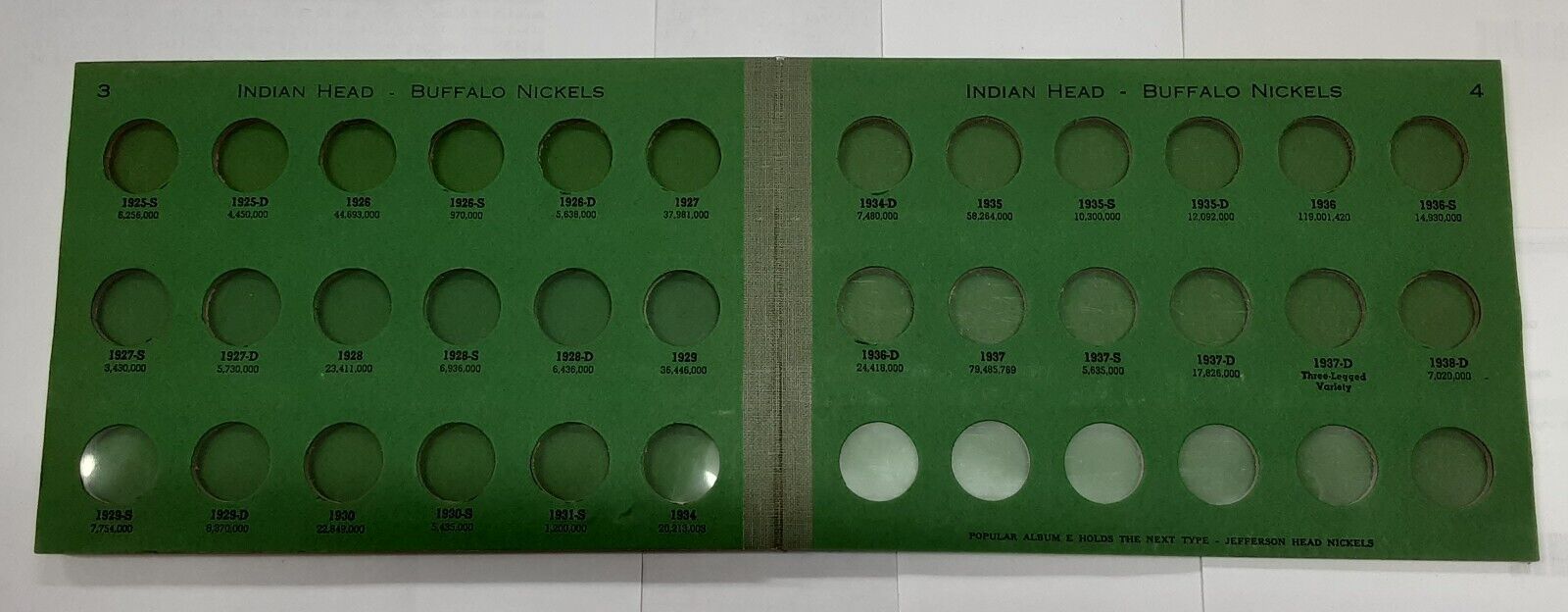Wayte Raymond Empty US (Buffalo) Nickels 1913-1938 Green Popular Album-D Used
