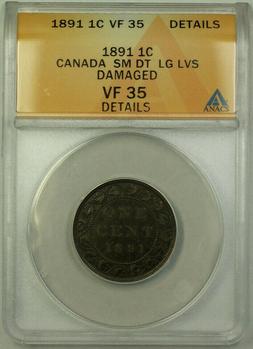1891 Canada 1 Cent Penny Coin ANACS VF-35 Details