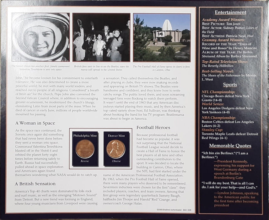 1963 Lincoln Cent / The Years Historic Events on Informative Card - See Photos