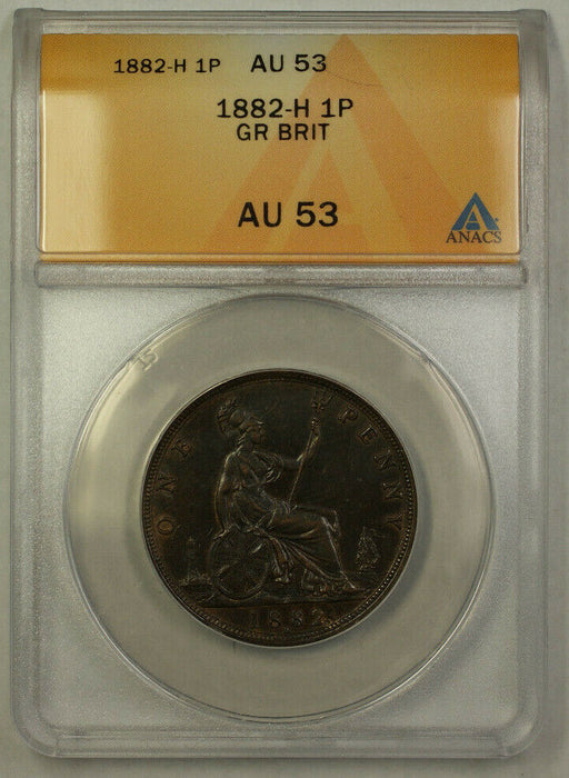 1882-H Great Britain 1 Penny Copper Coin Queen Victoria ANACS AU 53