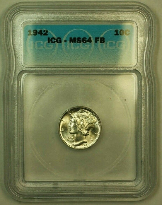 1942 Silver Mercury Dime 10c Coin ICG MS-64FSB L