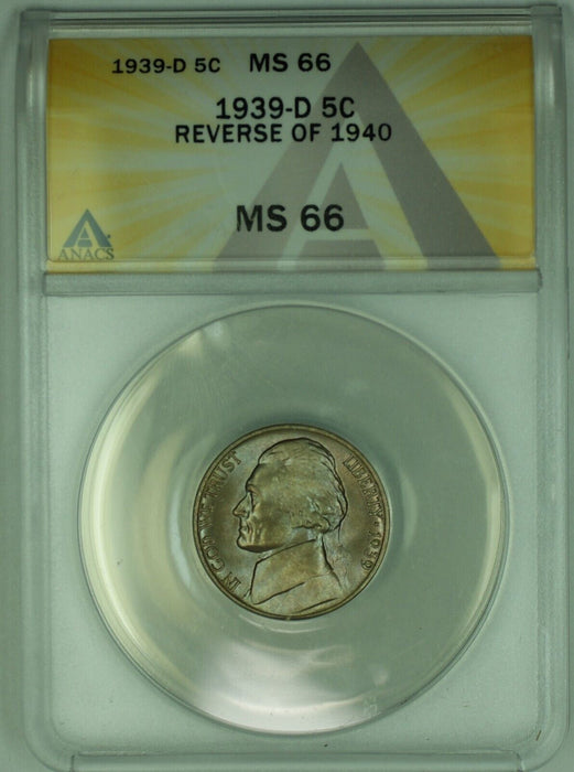 1939-D REV OF 40 Jefferson Nickel Toned 5C ANACS MS 66 (51) A