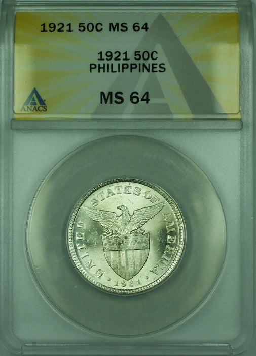 1921 50C Philippines ANACS MS-64 50 Centavos Silver Coin KM#171 (C)