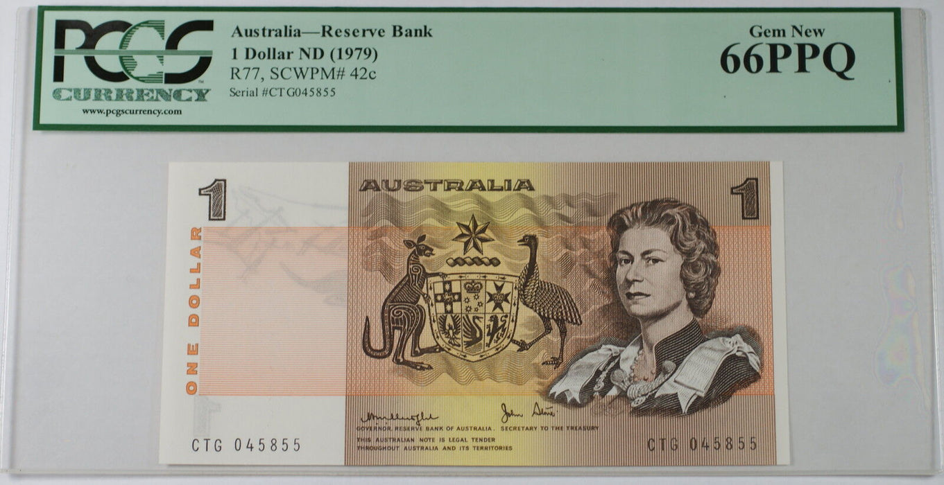 (1979) Australia Reserve Bank $1 Dollar Note R77 SCWPM# 42c PCGS 66 PPQ Gem New