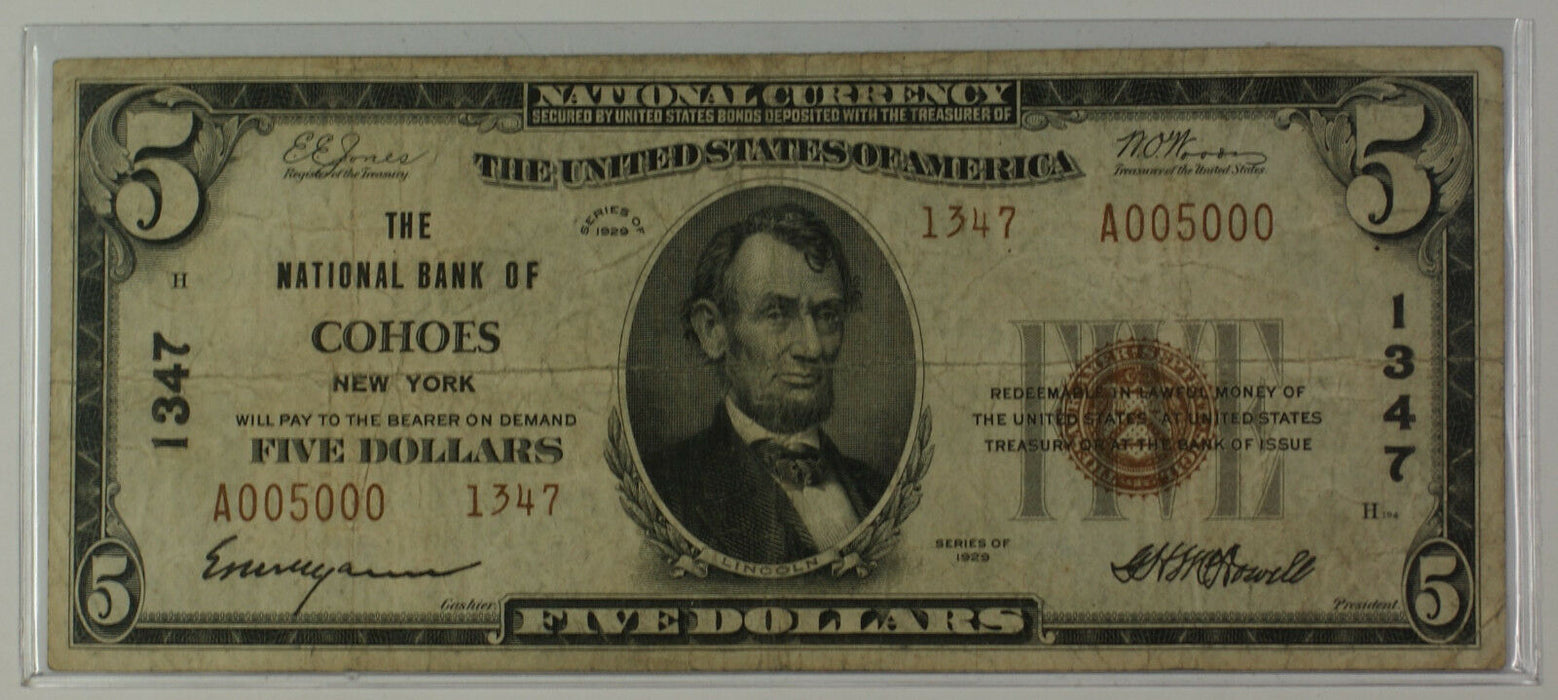 1929 Type 2 $5 National Currency Banknote Cohoes NY Charter # 1347 *See Serial #