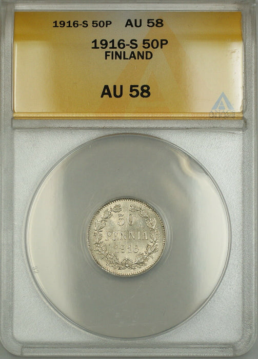 1916-S Finland 50P Pennia Silver Coin ANACS AU-58