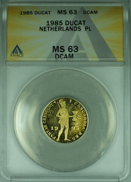 1985 Netherlands Gold Ducat Coin .983 Fine ANACS MS-63 DCAM PL Proof Like