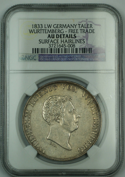 1833 LW Germany Silver Taler Wurttemberg NGC AU Details *Extremely Rare*