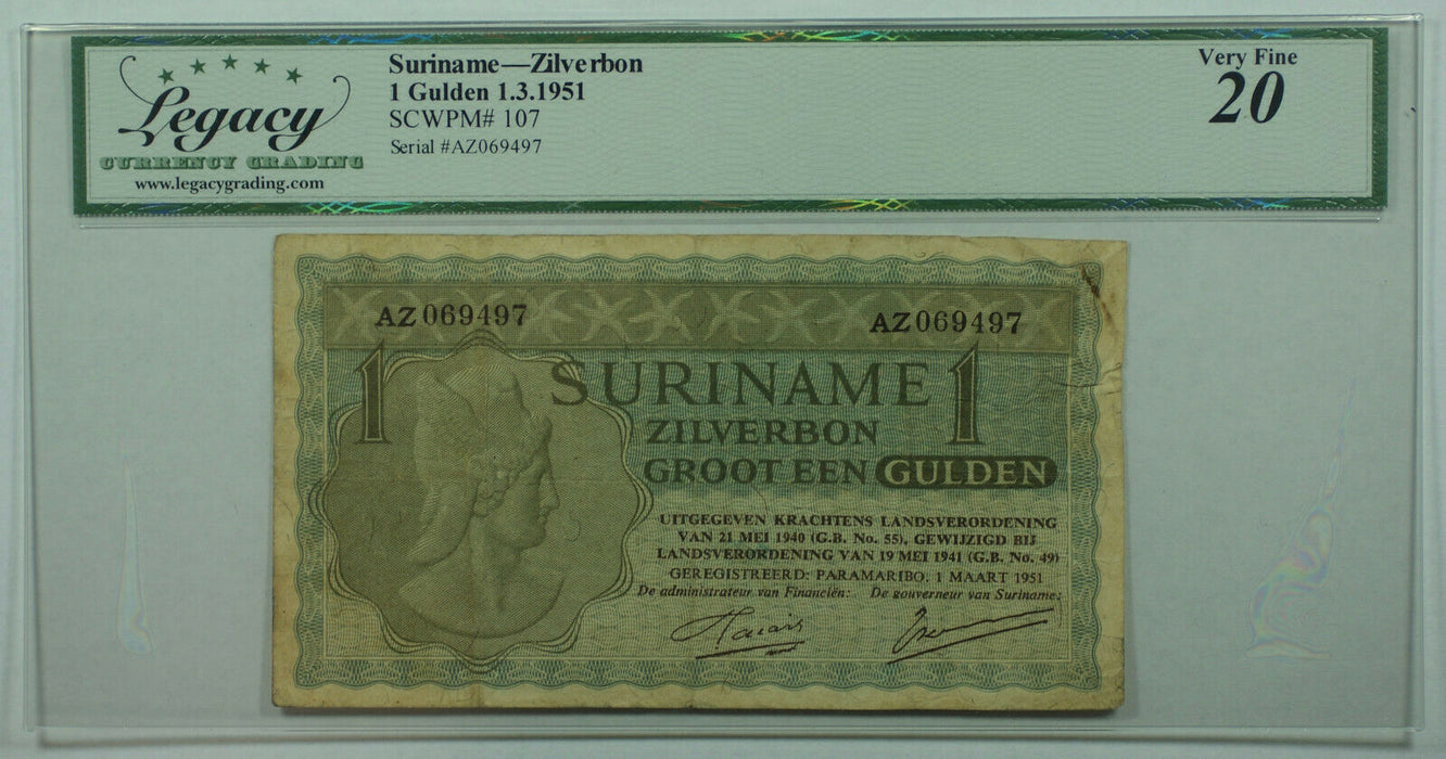 1951 Suriname Zilverbon 1 Gulden SCWPM# 107 Legacy VF-20