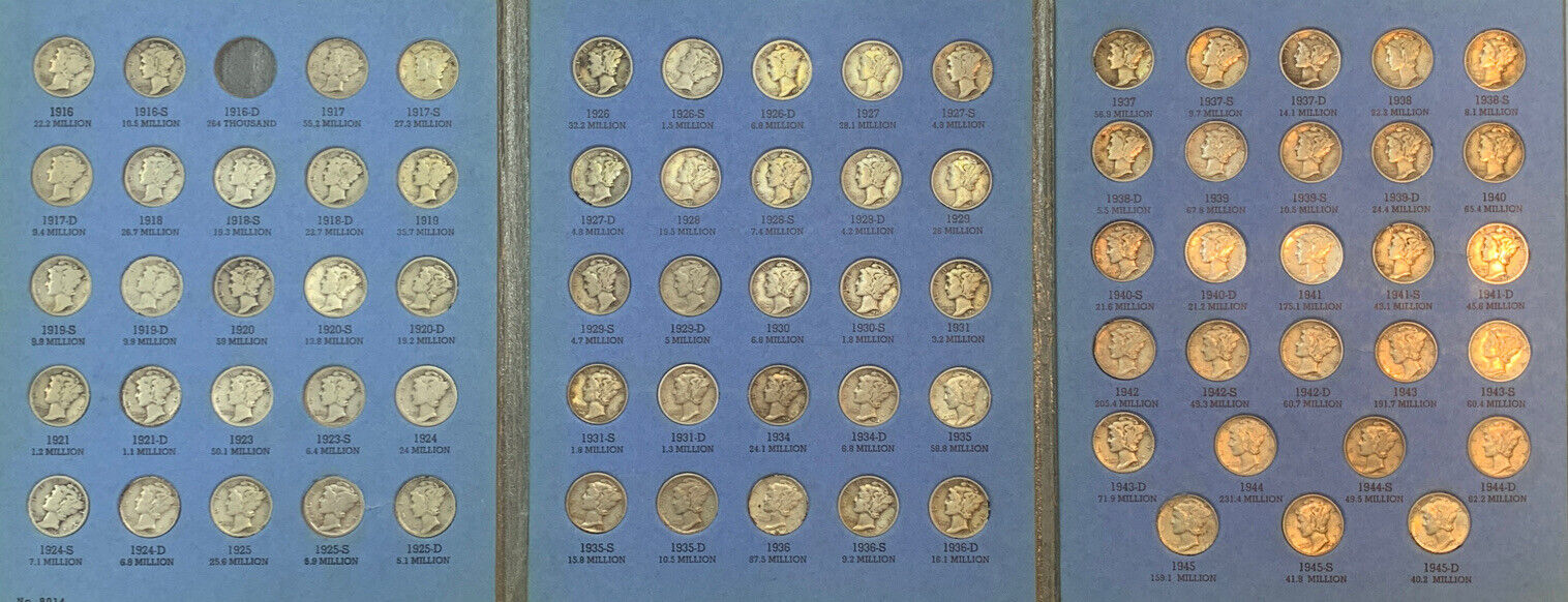 1916-1945 Mercury Dime Almost Complete Set, Whitman Coin Folder-NO 1916-D (B)