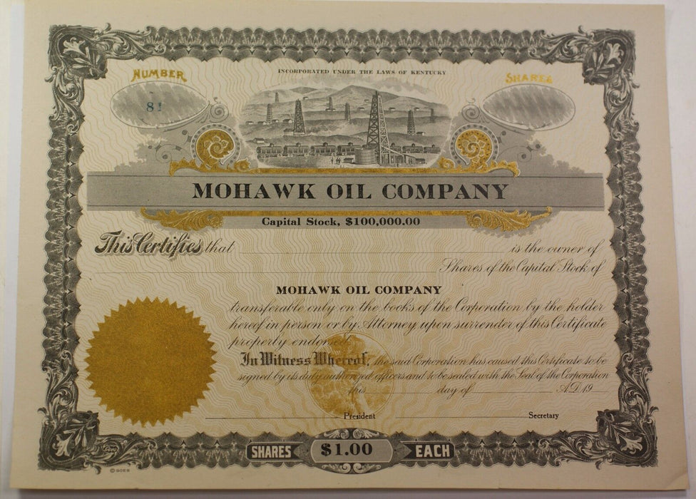 Mohawk Oil Company Winchester Kentucky Stock Certificate Serial Number 81