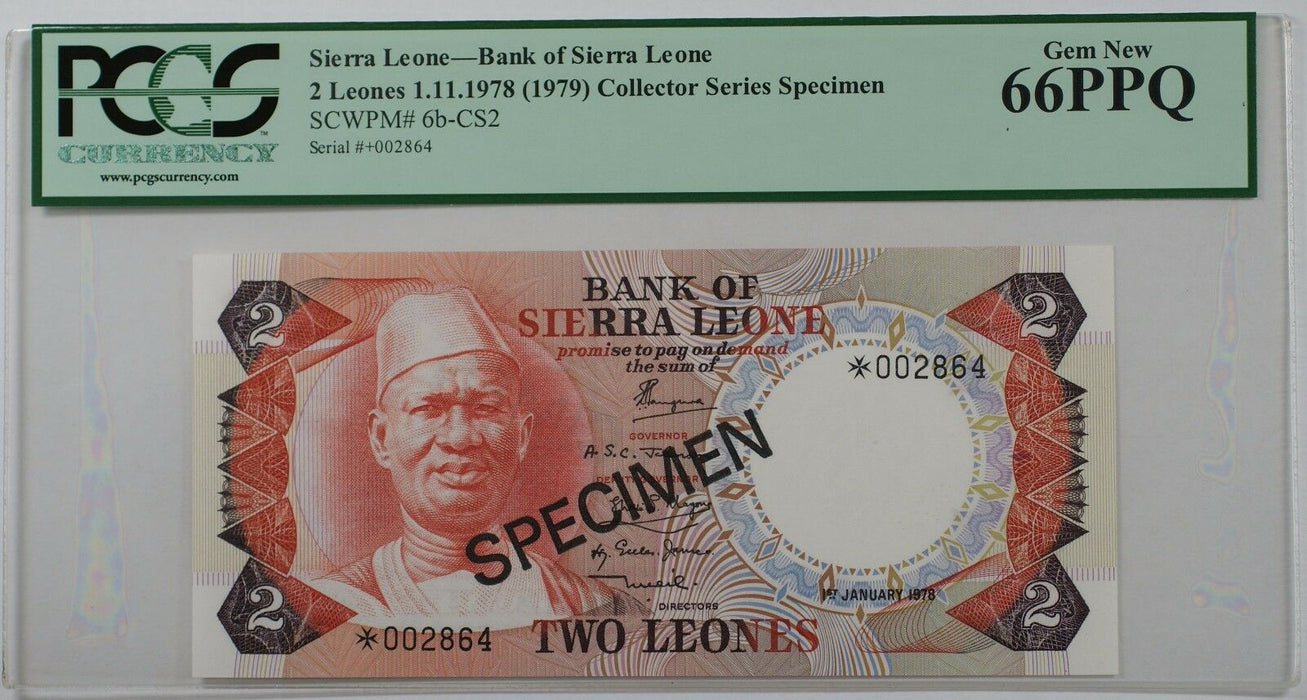 1978(1979) Sierra Leone 2 Leones Specimen Note SCWPM# 6b-CS2 PCGS 66 PPQ Gem New