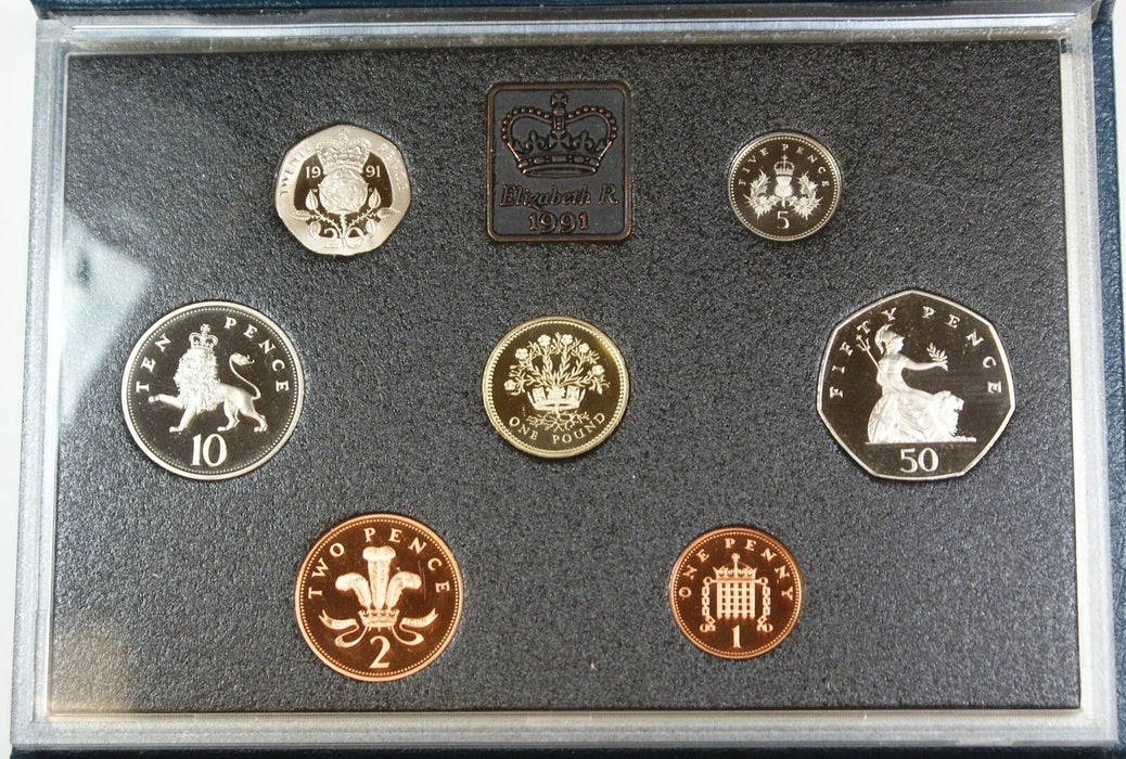 1991 United Kingdom Proof Set, GEM UK Coins, 7 Coins Total, With Box and COA