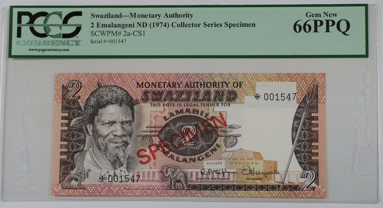 (1974) Swaziland 2 Emalangeni Specimen Note SCWPM# 2a-CS1 PCGS 66 PPQ Gem New