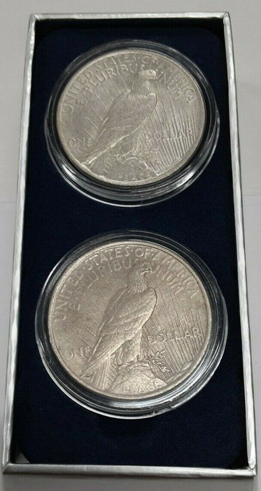 Pair of 1923 Peace Silver Dollars in Capsules and Box - Circulated