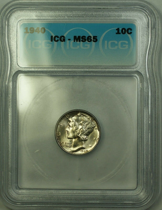 1940 Silver Mercury Dime 10c ICG MS-65 Lightly Toned Gem BU (Better Coin) (C)