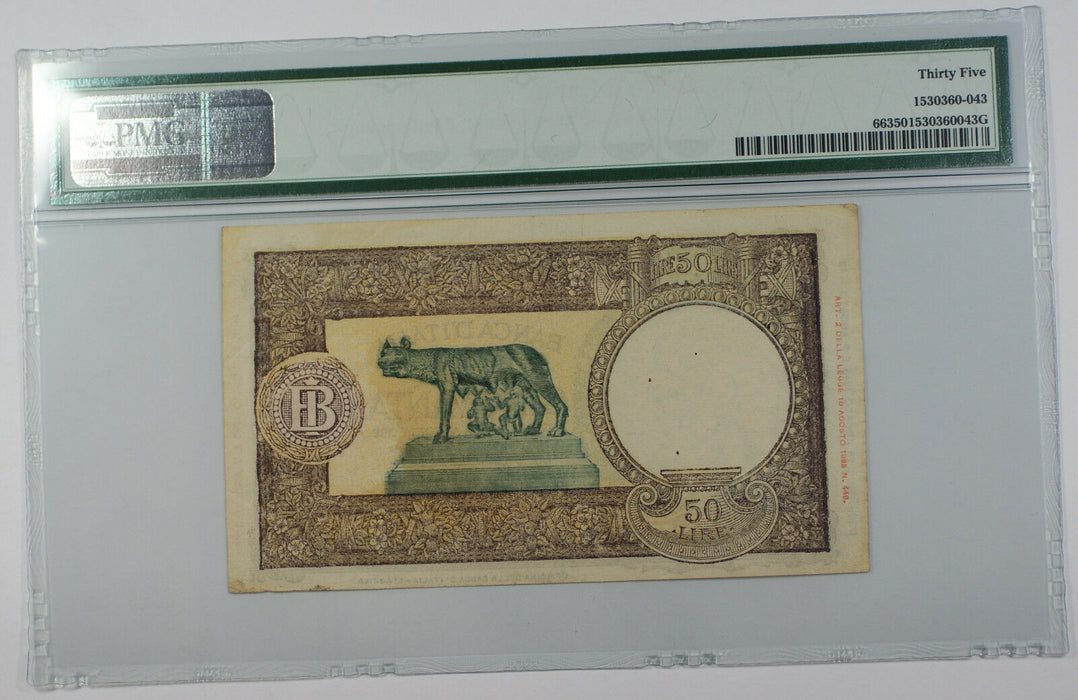 1943-44 Italy Banca d'Italia 50 Lire Note Pick# 66 PMG 35 Choice Very Fine
