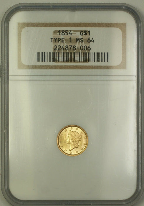 1854 Type 1 $1 Liberty Gold Coin NGC MS-64 Very Choice BU Ultra Bright KRC