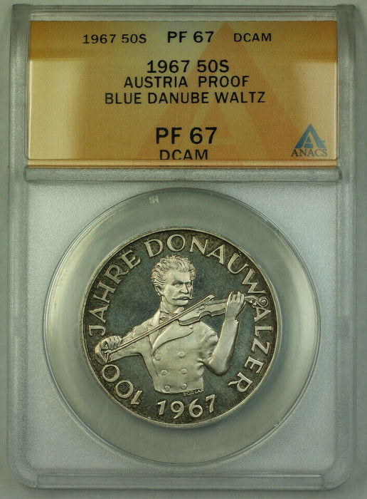 1967 Austria Proof 50 Schilling Silver Coin ANACS PF-67 DCAM Blue Danube Waltz