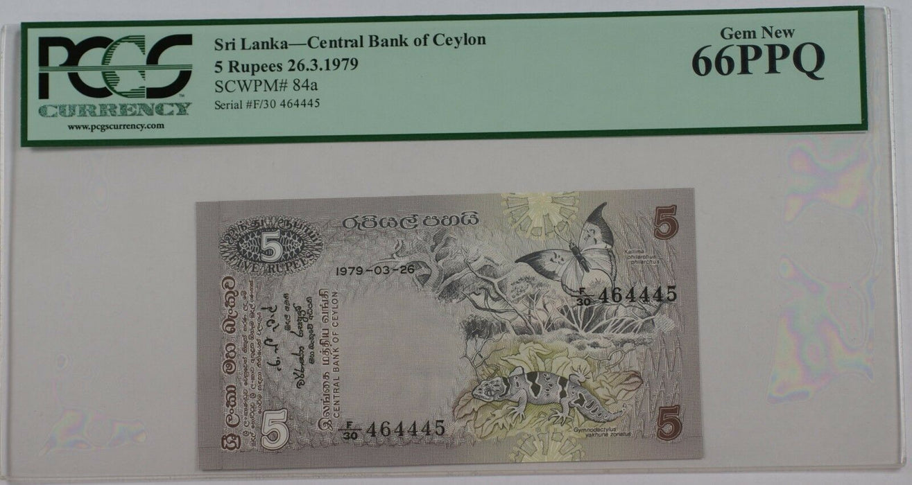 1979 Sri Lanka 5 Rupees Note SCWPM# 84a PCGS 66 PPQ Gem New