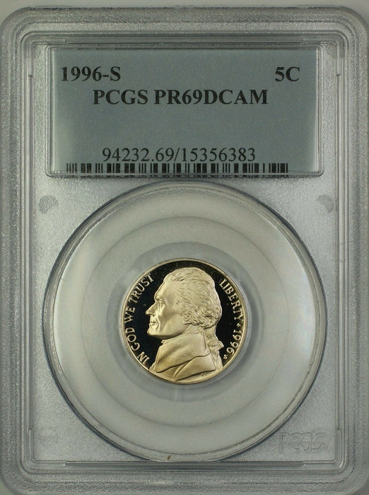 1996-S Proof Jefferson Nickel 5c Coin PCGS PR-69 DCAM Deep Cameo