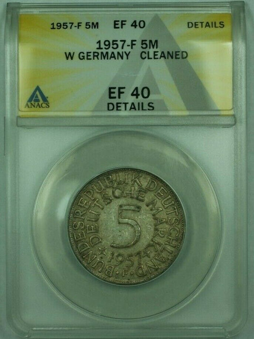 1957-F West Germany 5M Marks Silver Coin ANACS EF-40 (XF) Details Cleaned