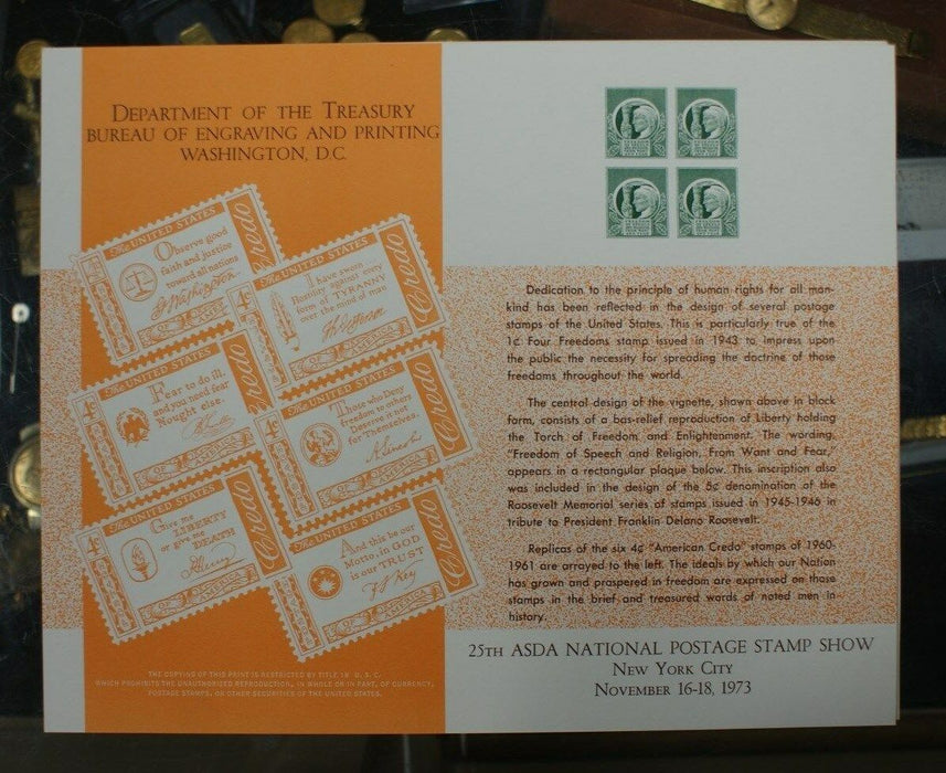 BEP souvenir card B 26 ASDA 1973 1943 1¢ Four Freedoms stamp