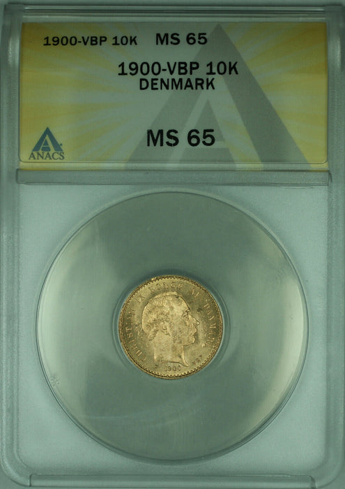 1900-VBP Denmark 10 Kroner Gold Coin ANACS MS-65 Gem BU