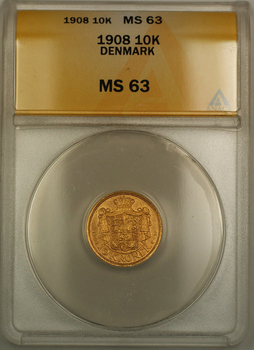 1908 Denmark 10K Kroner Gold Coin ANACS MS-63