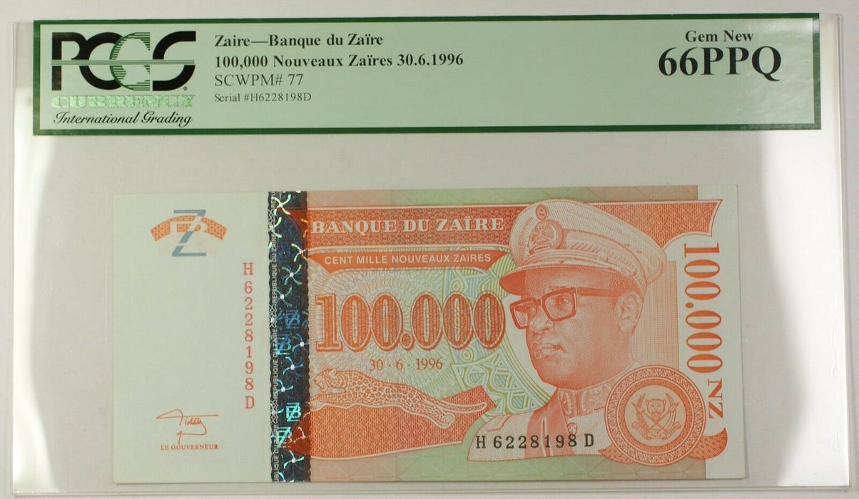 30.6.1996 Zaire 100,000 Nouveaux Zaires Note SCWPM# 77 PCGS Gem New 66 PPQ