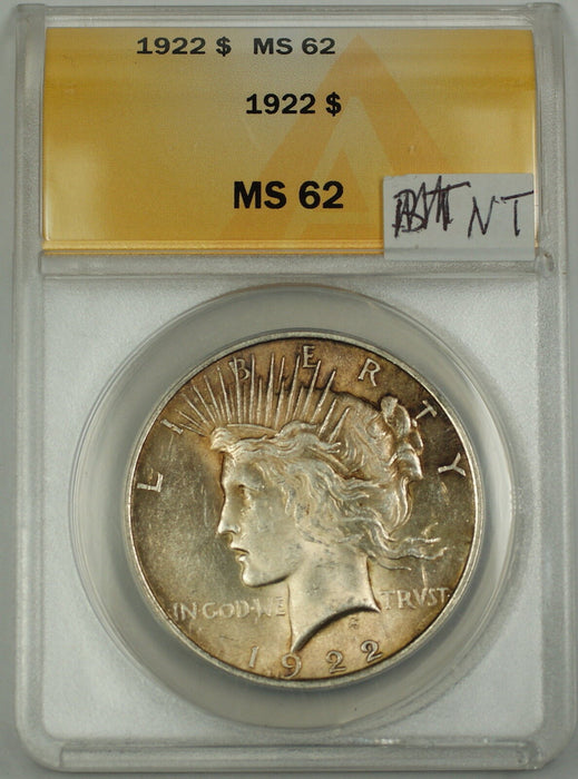 1922 Silver Peace Dollar $1 ANACS MS-62 Nicely Toned (Better Coin)
