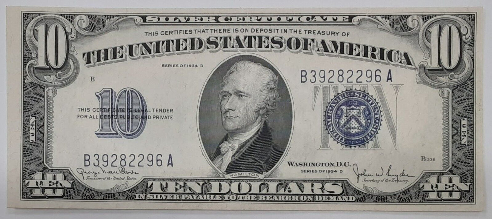 1934-D $10 Dollar Silver Certificate Wide Blue Seal Fr.1705  XF+  WW