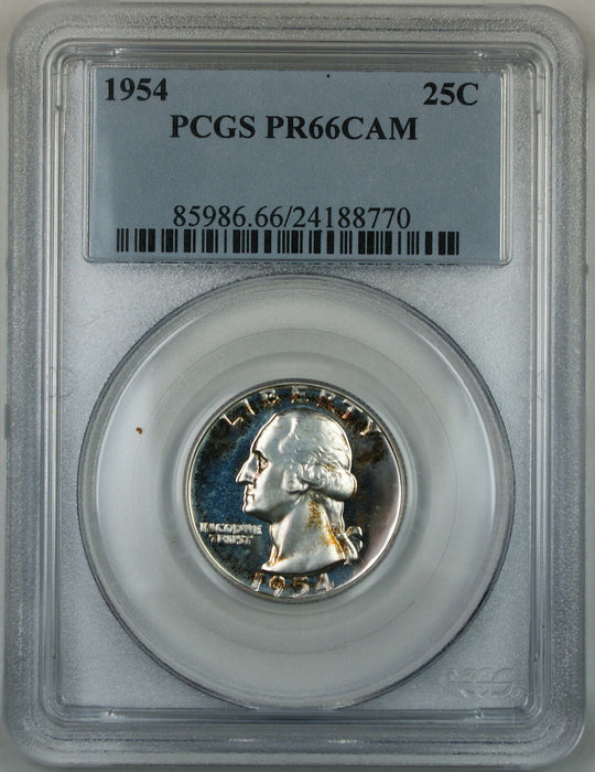 1954 Washington Silver Quarter, PCGS PR-66 CAM, Toned Gem Cameo Proof Coin