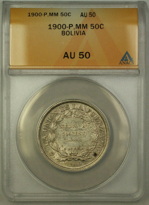 1900-P MM Bolivia 50 Centavos Silver Coin ANACS AU-50