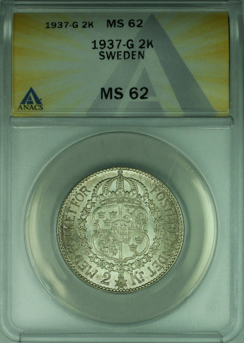 1937-G Sweden 2 Kronor Silver Coin ANACS MS-62