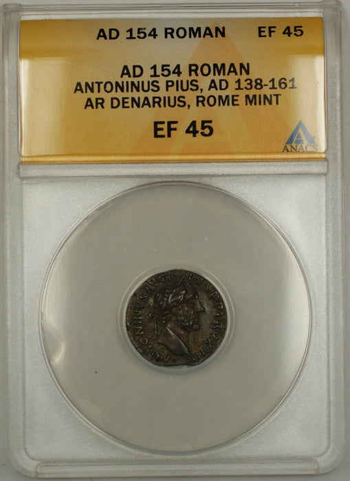 AD 154 Roman Denarius Silver Coin Antoninus Pius Rome Mint ANACS EF-45 AKR